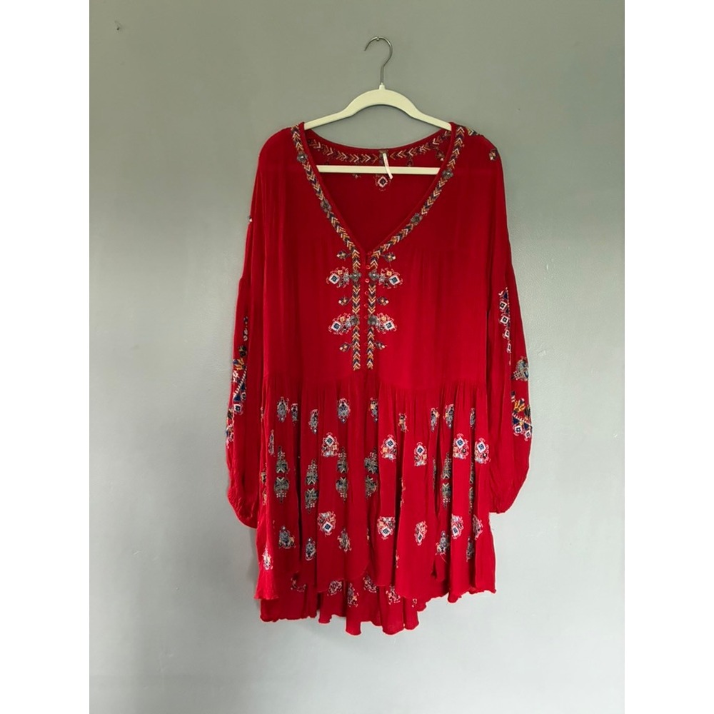 Large Free People Arianna Embroidered Boho Mini Dress Tunic V-Neck Long Sleeve